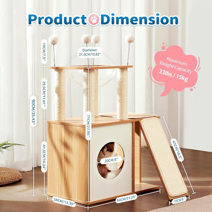 US Local Indoor Wooden Cat Climbing Frame Cat Tower Cat House With Cat Scratching Board Ramp Suitable For Large Cats And Kittens