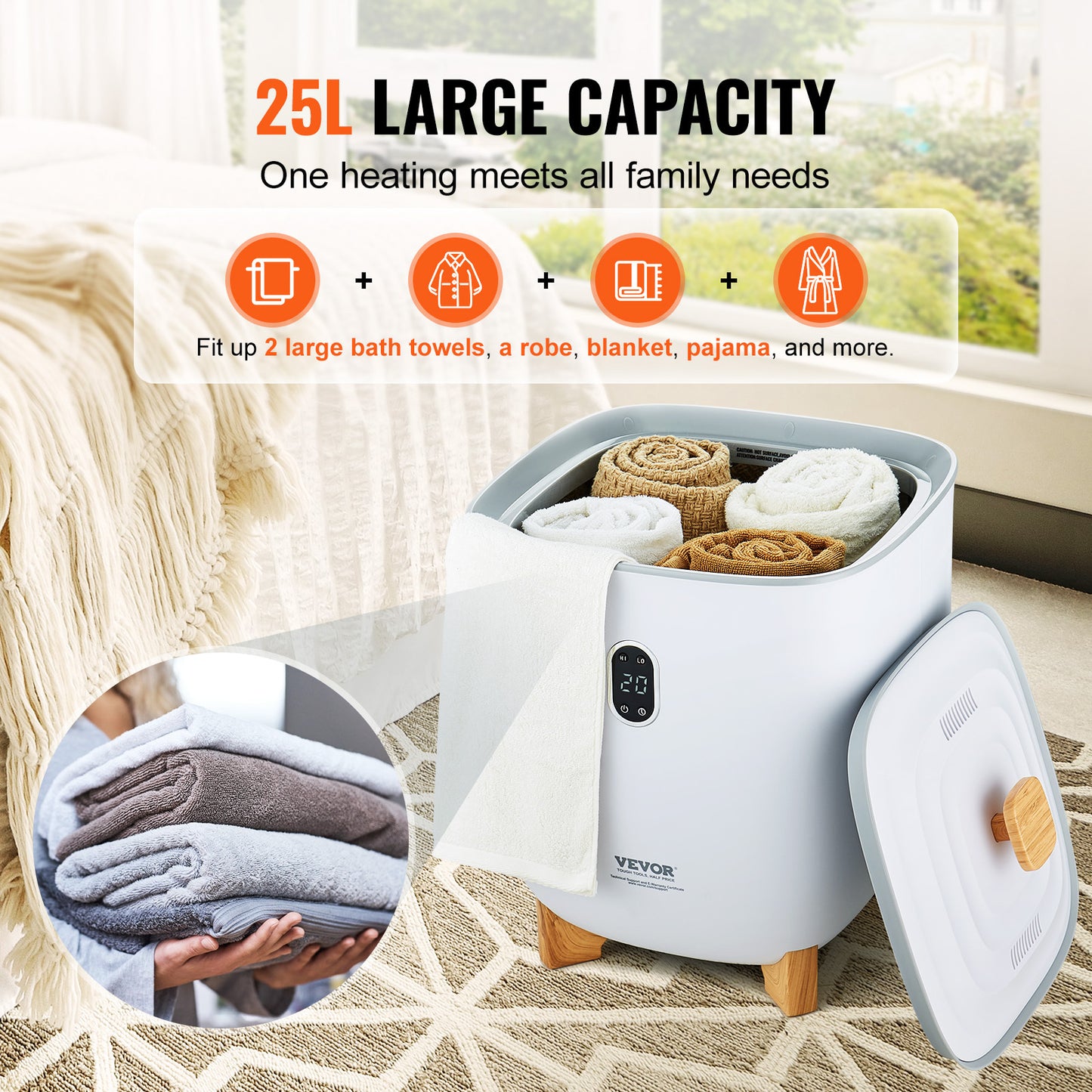 US Local VEVOR Towel Warmer 25L, Towel Warmer Bucket With 2 Heating Modes,  Auto Shut Off, Bottom Heating Columns, LED Screen, Large Towel Warmer For Bathroom, Spa, Bathrobe, Blanket & Pajama