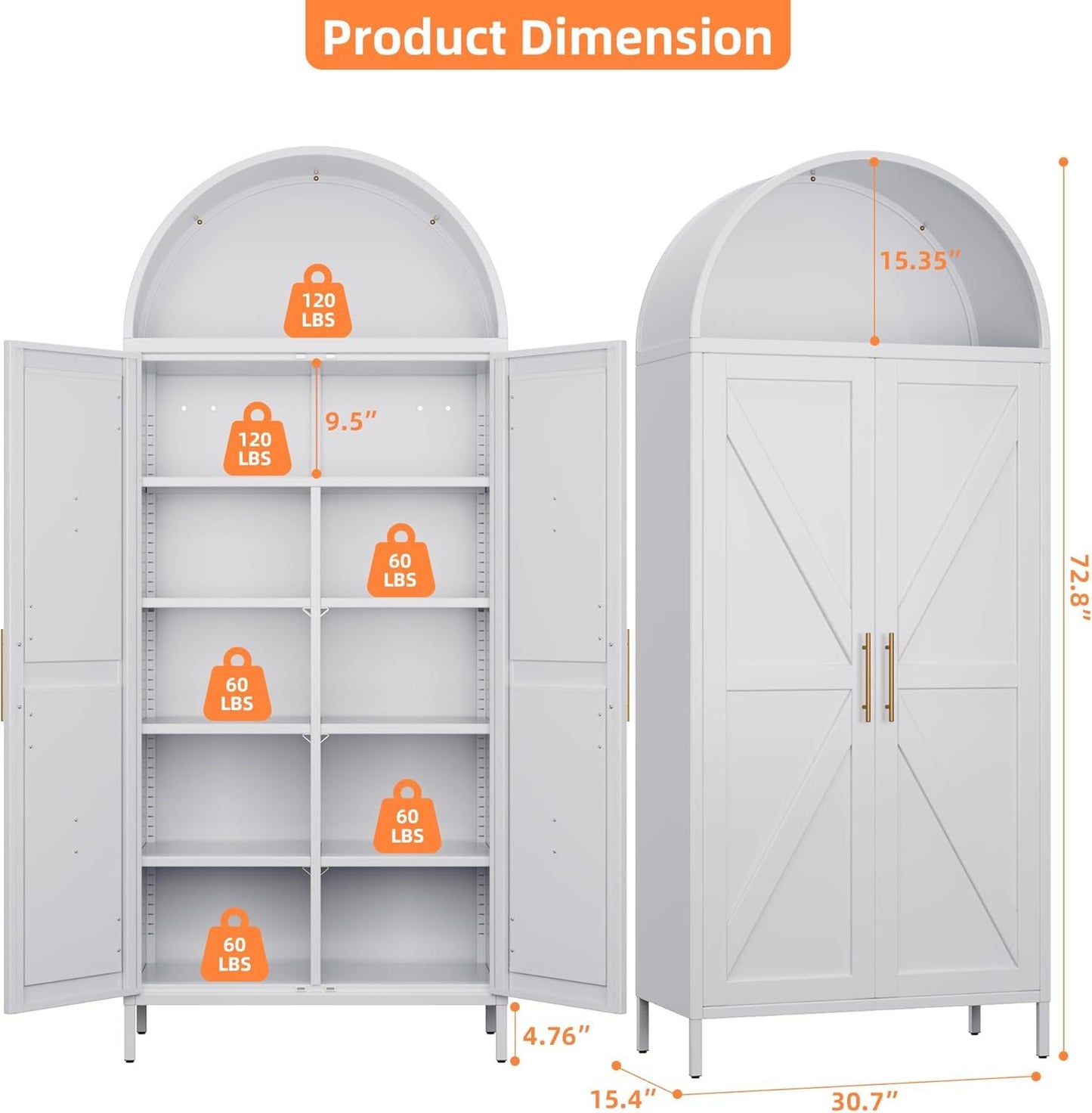 US Local Tall Kitchen Pantry Cabinet, Arched Storage Cabinet With Doors And Adjustable Shelves, White Freestanding Cupboard For Laundry, Dining Room, Living Room, Bathroom