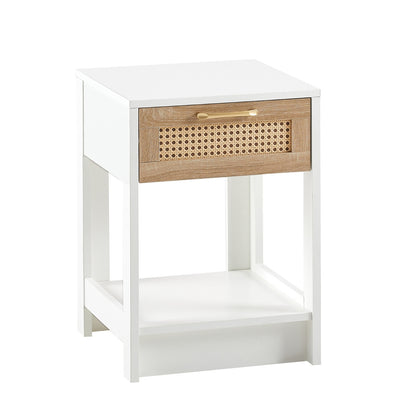 US Local 15.75 Rattan End Table With Drawer, Modern Nightstand For Bedroom, White