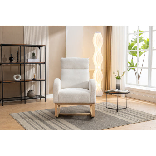 UK Local Mid Century Modern Teddy Fabric Upholstered Rocking Chair Padded Seat For Living Room Bedroom, Beige