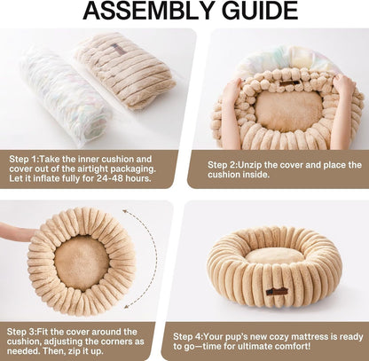 MEWOOFUN Donut Cat Bed - Washable Round Pet Bed For Indoor Cats & Kittens, Fluffy Non-Slip Calming Bed For Small Dogs, Light Brown