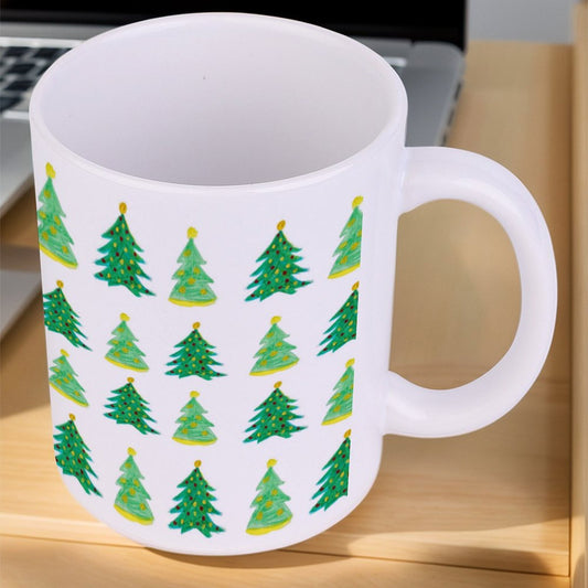 POD US Local White mug with full print, Christmas Tree, Hand Painted, Green 0009