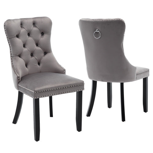 UK Local Modern Set Of 2 Upholstered Velvet Dining Chairs, Button Tufted Kitchen Lounge Chairs With Brushed Wood Legs, Riveted Trim And Knocker Ring, For Dining Room Living Room