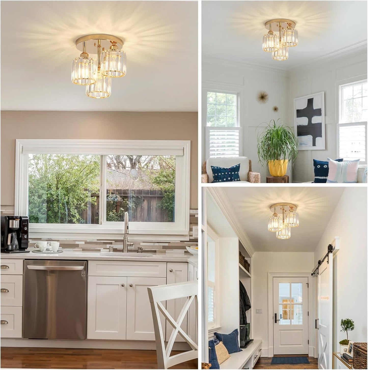 US Local Modern Semi Flush Mount Ceiling Light,3-Light Crystal Close To Ceiling Light Fixtures,Golden Kitchen