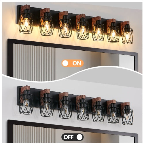 US Local Industrial Vintage 7-Light Wall Sconce - Black Cage Wall Lighting Fixture With Wooden Accents For Bathroom, Hallway, Or Living Room Bulb Not Included
