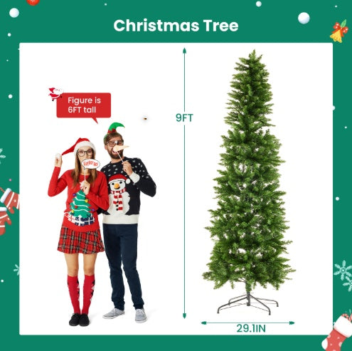 US Local Pencil Christmas Tree, Prelighted Artificial Slim Christmas Trees With 250 Incandescent Lights, 571 Branch Tips & Foldable Base