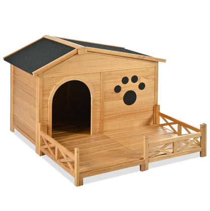 US Local 48 Wooden Dog House Outdoor With Porch, Dog Kennel With Water-Resistant Asphalt Roof And Fencing,Indoor & Outdoor Dog Crate With Paw Print, Medium, Nature