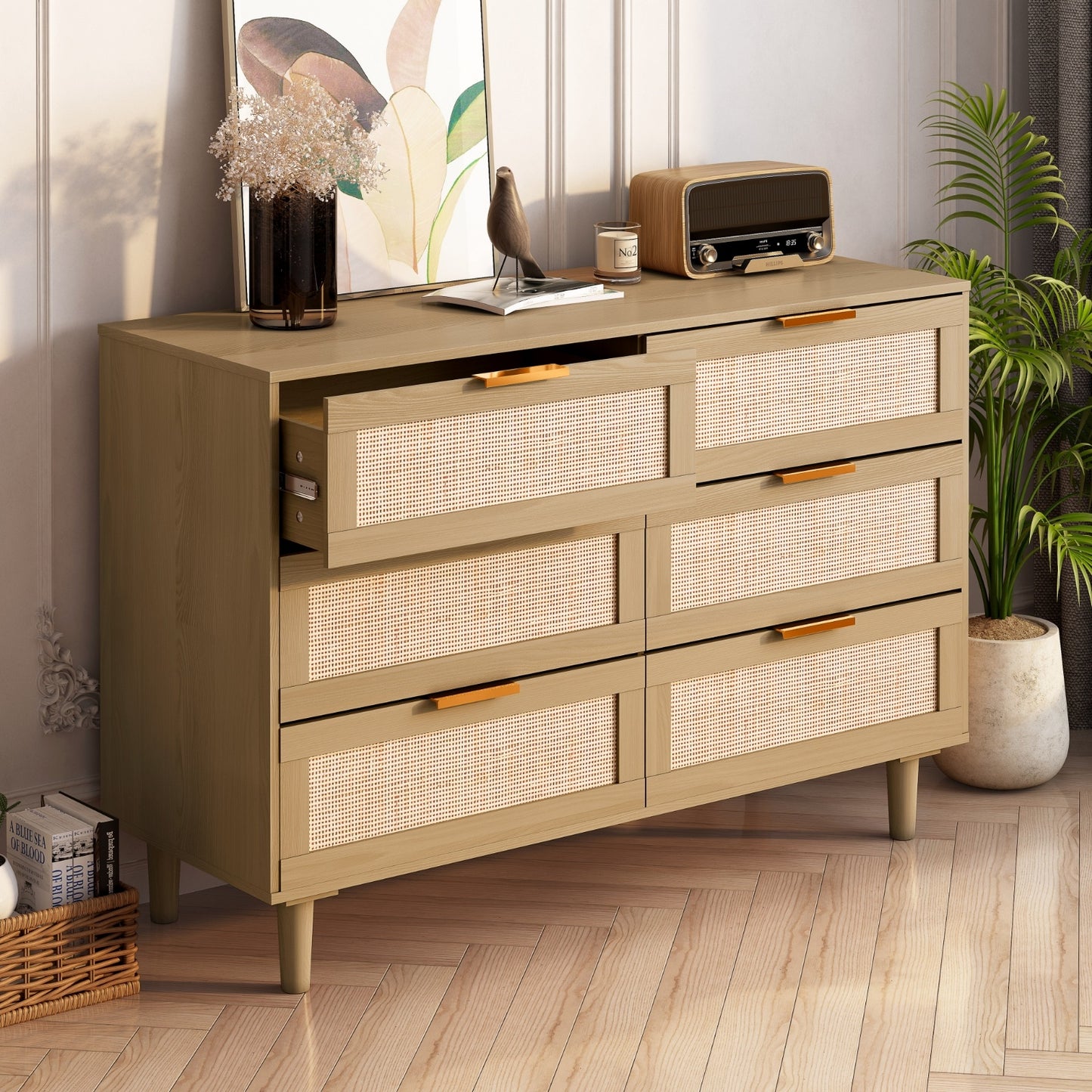 US Local 6 Drawers Rattan Dresser Rattan Drawer, Bedroom,Living Room