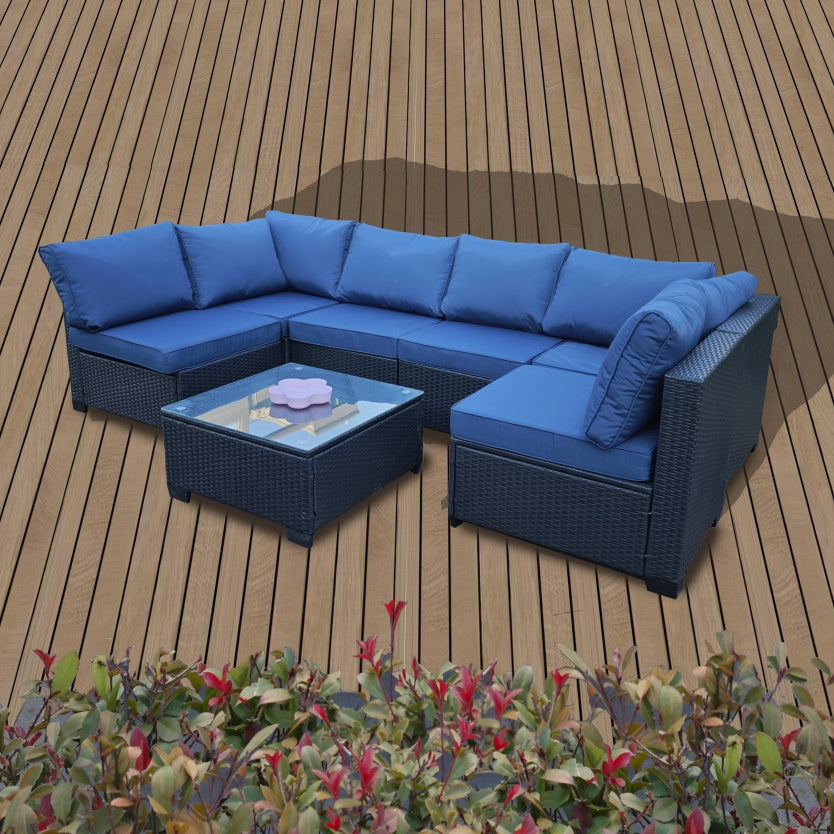 US Local Seven-Piece Sofa Set Table With Sofa Chair Black PE Rattan Outdoor Furniture 7-JH001 Box 3-1-2-3 With Blue Color Cushion