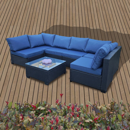 US Local Seven-Piece Sofa Set Table With Sofa Chair Black PE Rattan Outdoor Furniture 7-JH001 Box 3-1-2-3 With Blue Color Cushion