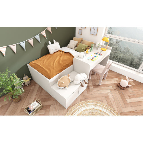 UK Local Kids Single Bed With Desk And Drawers, 90 X190 Cm, White, 3ft Kids Wooden Bed With Storage, Single Bed With Slatted Frame, Lying Surface For Teenagers & Adults