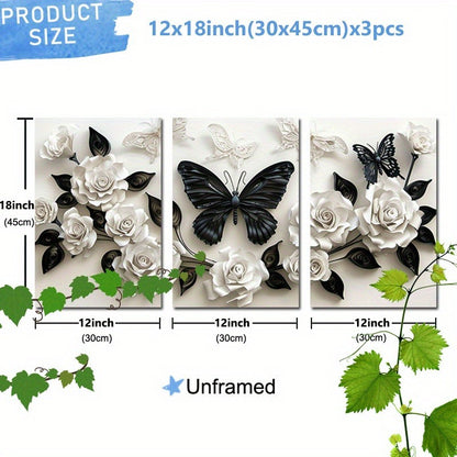 US Local 3 Pieces Set Of Framed Wall Art Canvas Prints Featuring A Black Butterfly And White Roses - Perfect For Home, Office, Living Room, Or Bedroom