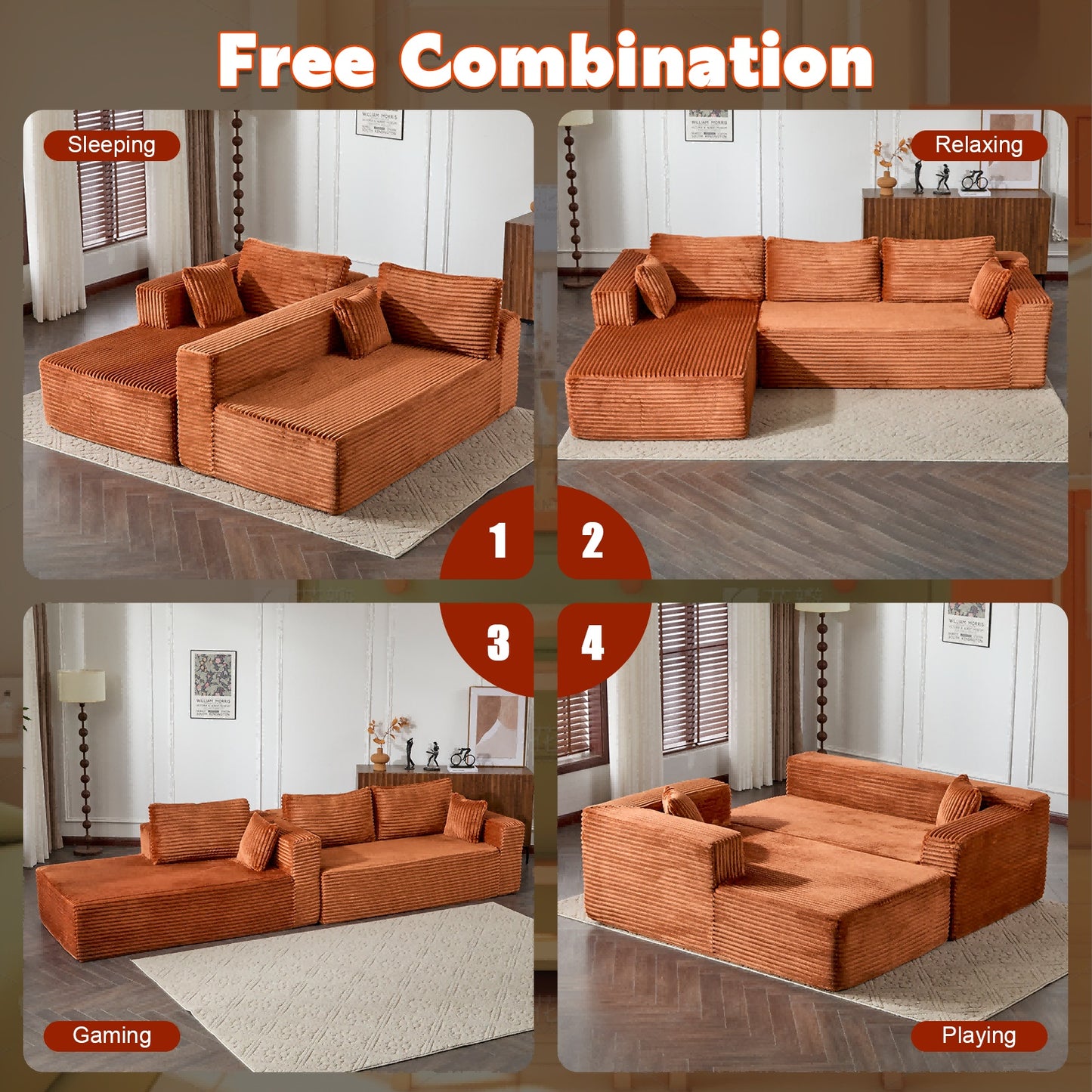 US Local Compression Sectional Couch With Comfy Chaise, Boneless L Shape Sofa With Deep Seat, Minimalist Modular Couches Sleeper For Living Room Bedroom Apartment Lounge,Corduroy,Brown