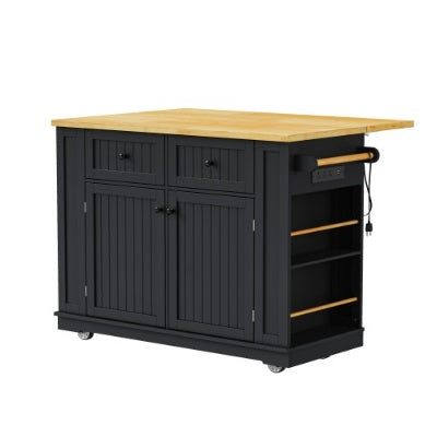 US Local Large Kitchen Island With 2 Bar Stools, Power Outlet, Door Internal Storage Rack, Kitchen Storage Cart On 5 Wheels With Drop Leaf, 5 Open Side Racks, 2 Drawers,for Kitchen,Dining Room