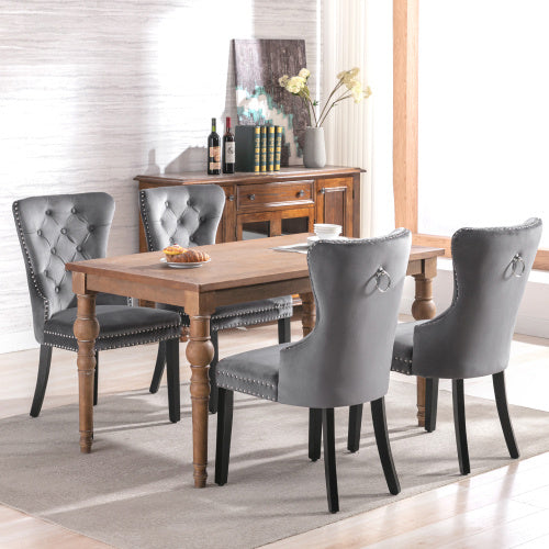 UK Local Elvet Dining Chairs Set Of 2 ,4, 6 With OAK Legs, Button, Chrome Knocker And Nailhead Trim Bedroom Chair Kitchen Chair Living Room Lounge Leisure Chair Grey, 2pcs,4pcs,6pcs