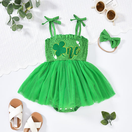 US Local Baby Girl's Clover Embroidered Dress & Headband Set, Sleeveless Ruffle Romper With Tulle Skirt