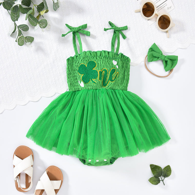 US Local Baby Girl's Clover Embroidered Dress & Headband Set, Sleeveless Ruffle Romper With Tulle Skirt