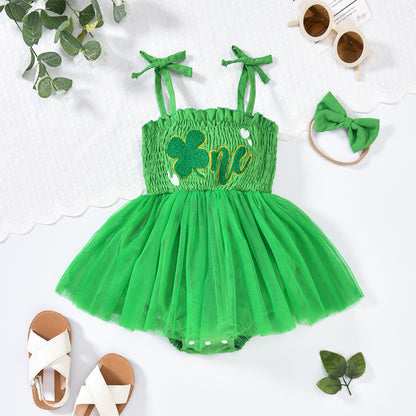 US Local Baby Girl's Clover Embroidered Dress & Headband Set, Sleeveless Ruffle Romper With Tulle Skirt