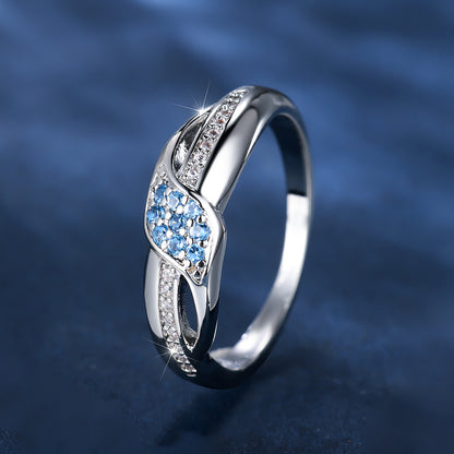 Sea Blue Diamond Edge Inlaid White Diamond Leaves Ring