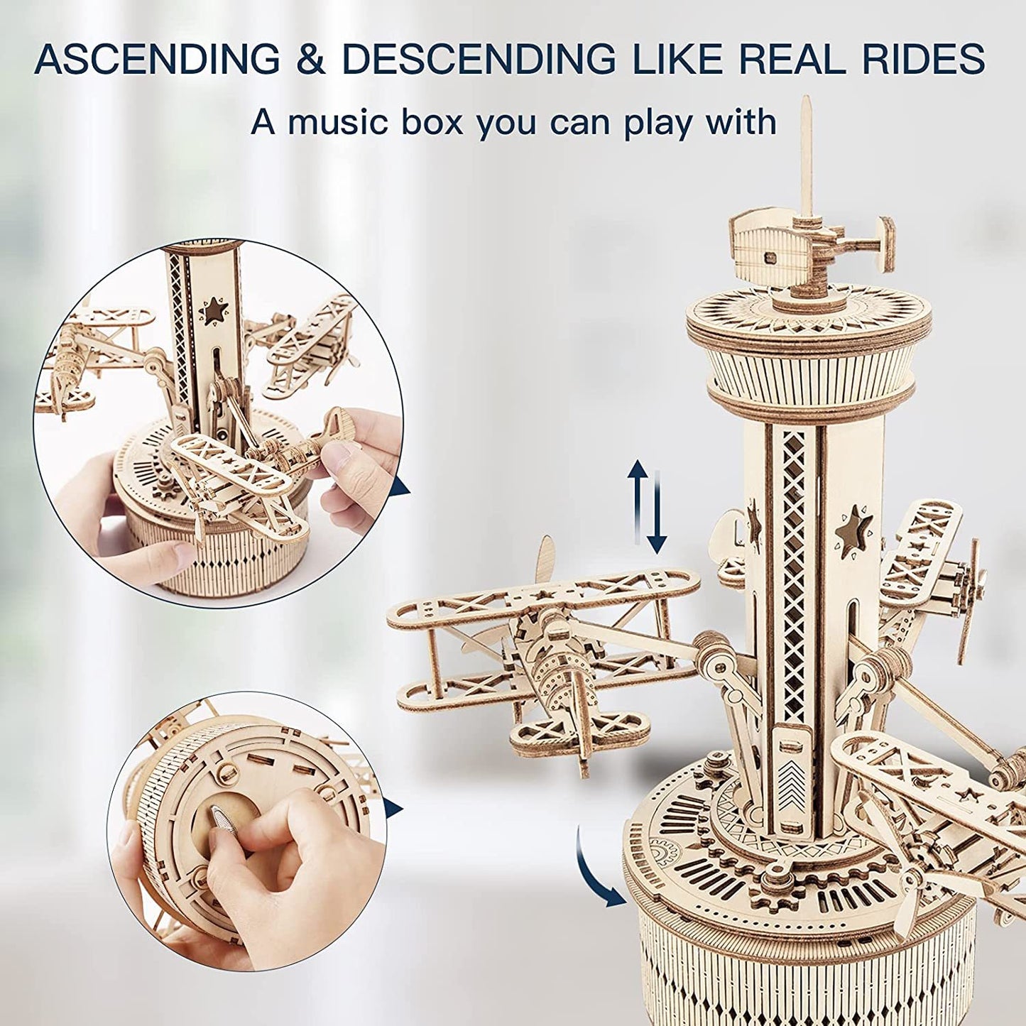 US Local Robotime Rokr 3D Wooden Puzzles For Adults DIY Musical Box Model Kit To Build Self-Assembly Building Kit Airplane- Control Tower
