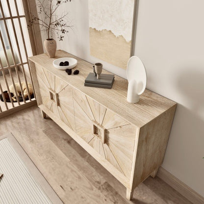 US Local 60'' Premium Rustic American Farmhouse Credenza - Symmetrical Sunburst Door Design, Heavy-Duty Antique Wood TV Stand With Adjustable Shelves, Storage Cabinet For Living Room Kitchen  Antique Natural