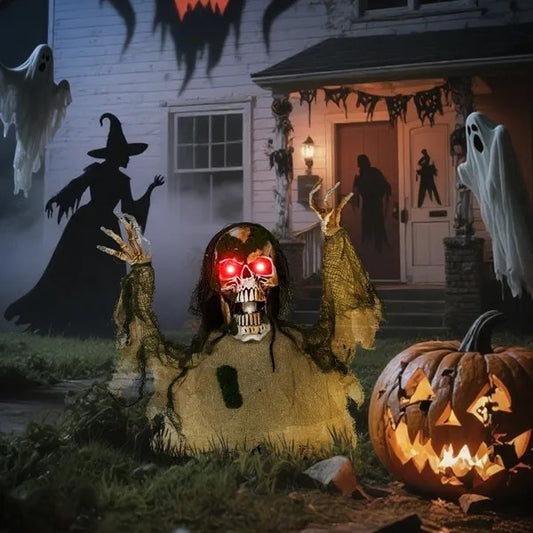 CA Local Life Size Halloween Animated Skeleton With Glowing LED Eyes, Animatronic Halloween Decorations, Battery Operated