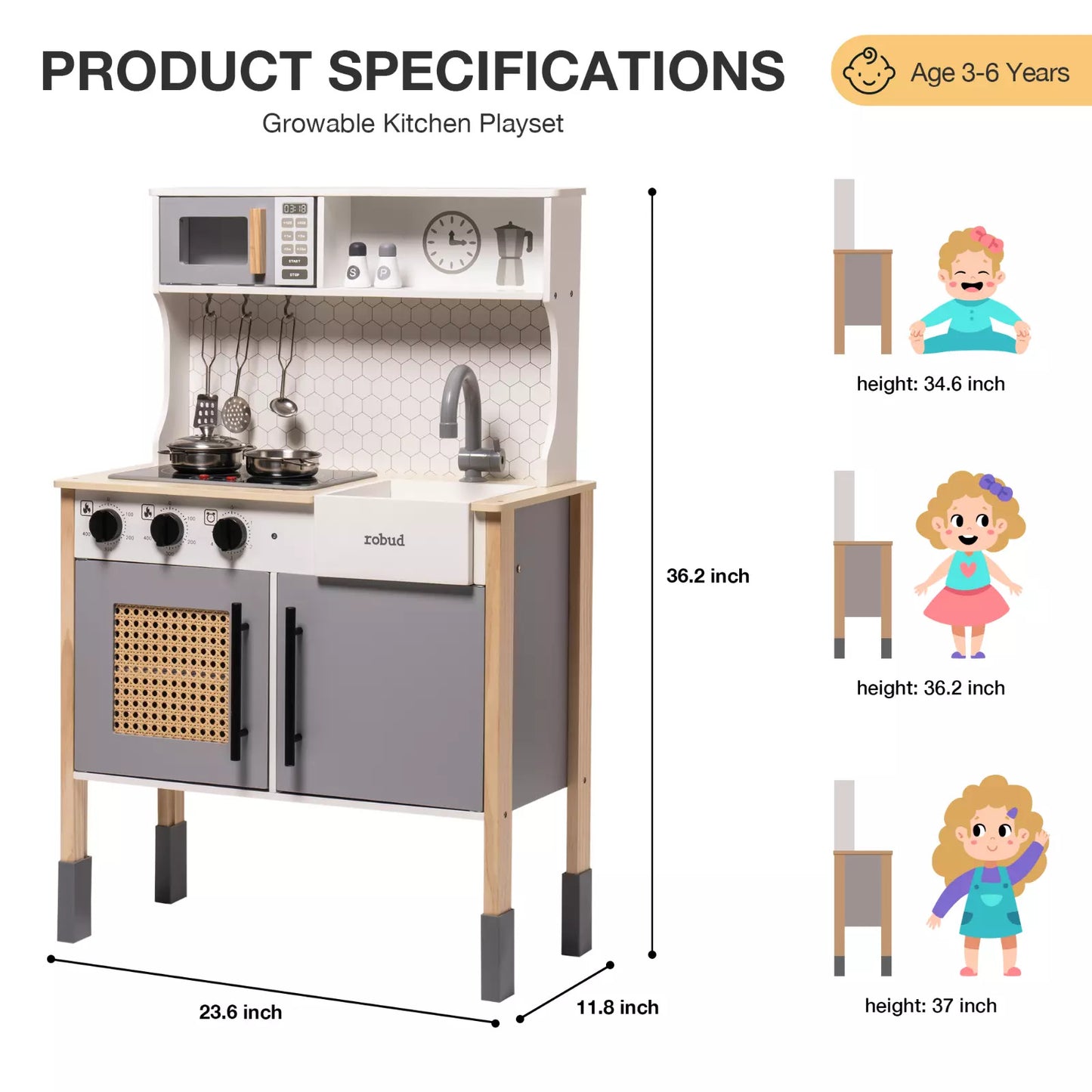 US Local ROBOTIME DIY Pretend Play Kitchen Cooking Toy Set Gift For Boys And Girls Gray