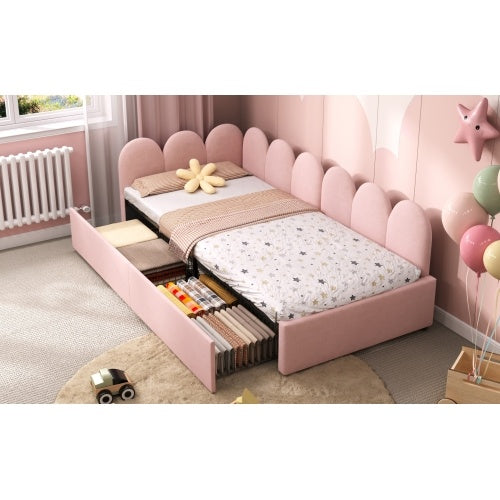 UK Local 3ft Single Daybed With Two Storage Drawers, Modern Youth Bed Frame With Wooden Slats, Velvet Sofa Bed For Living Room Bedroom Study Room, 90X190cm, Easy Assembly, Cream White