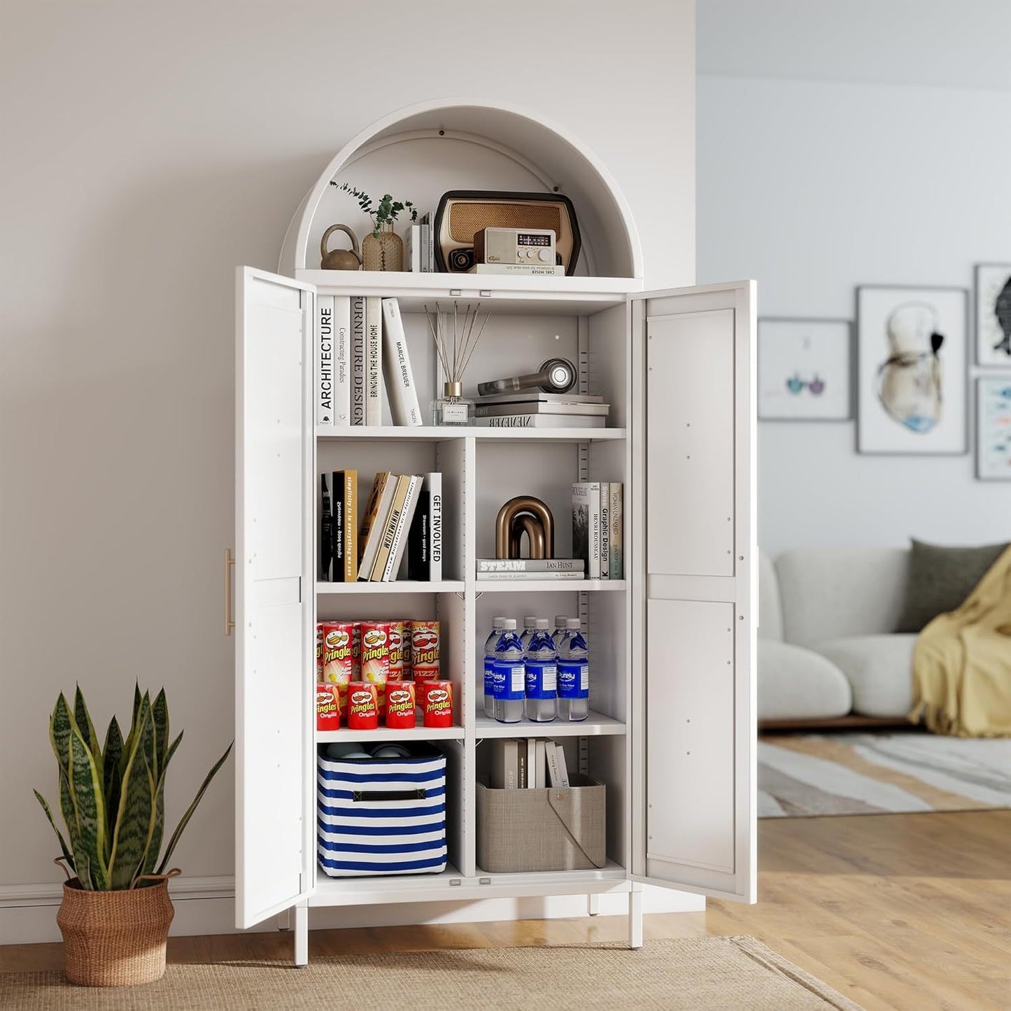 US Local White Kitchen Pantry Cabinet, Arched Storage Cabinet With Doors And Adjustable Shelves, Tall Freestanding Cupboard For Laundry, Dining Room, Living Room, Bathroom
