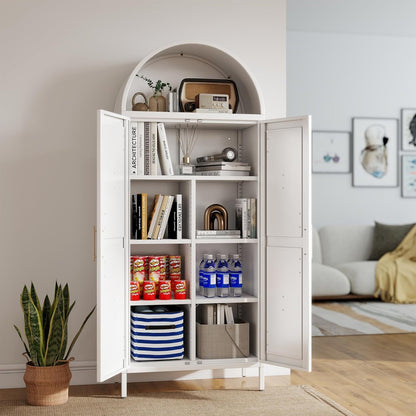 US Local White Kitchen Pantry Cabinet, Arched Storage Cabinet With Doors And Adjustable Shelves, Tall Freestanding Cupboard For Laundry, Dining Room, Living Room, Bathroom