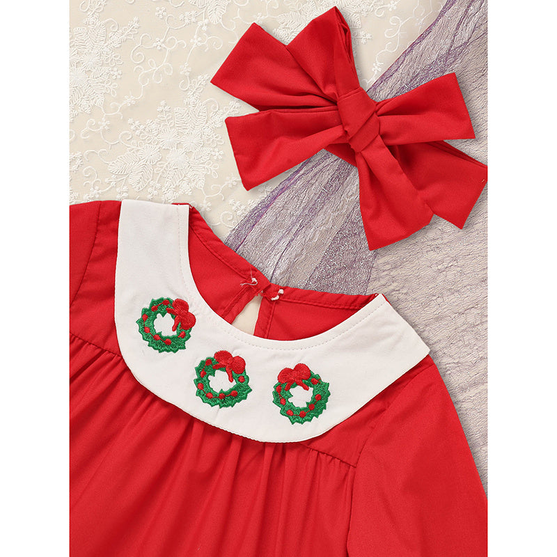 US Local Toddler Kids Baby Girls Christmas Dress Christmas Wreath Embroidered Party Dresses With Headband