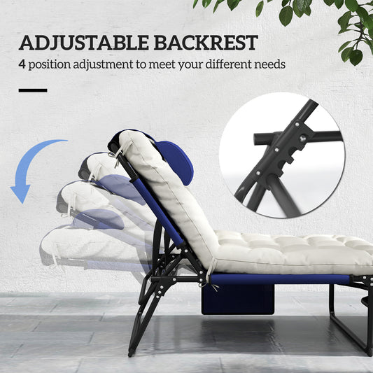 Folding Chaise Lounge Pool Chair With 4-level Reclining Back, Cushion, Side Pocket, Headrest, Navy Blue
