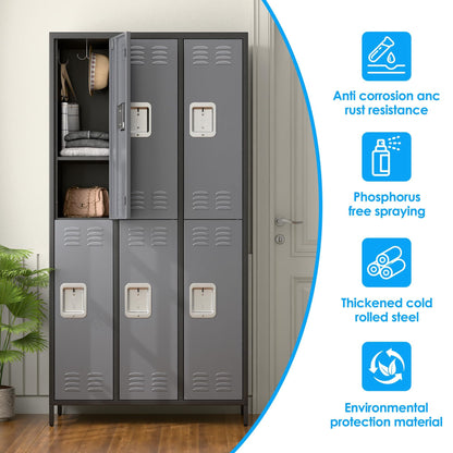 US Local Metal Lockers For Employees,Locking Metal Storage Locker With 6 Doors &18 Hooks For School Office Gym Bedroom,Assembly Required,Black And Dark Grey