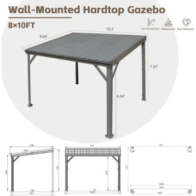 US Local 8x10 Lean To Gazebo With Upgraded Drainage System, Wall Mounted Gazebo Hardtop Galvanized Steel Sloping Roof For Patio Deck Lawn Party Gray