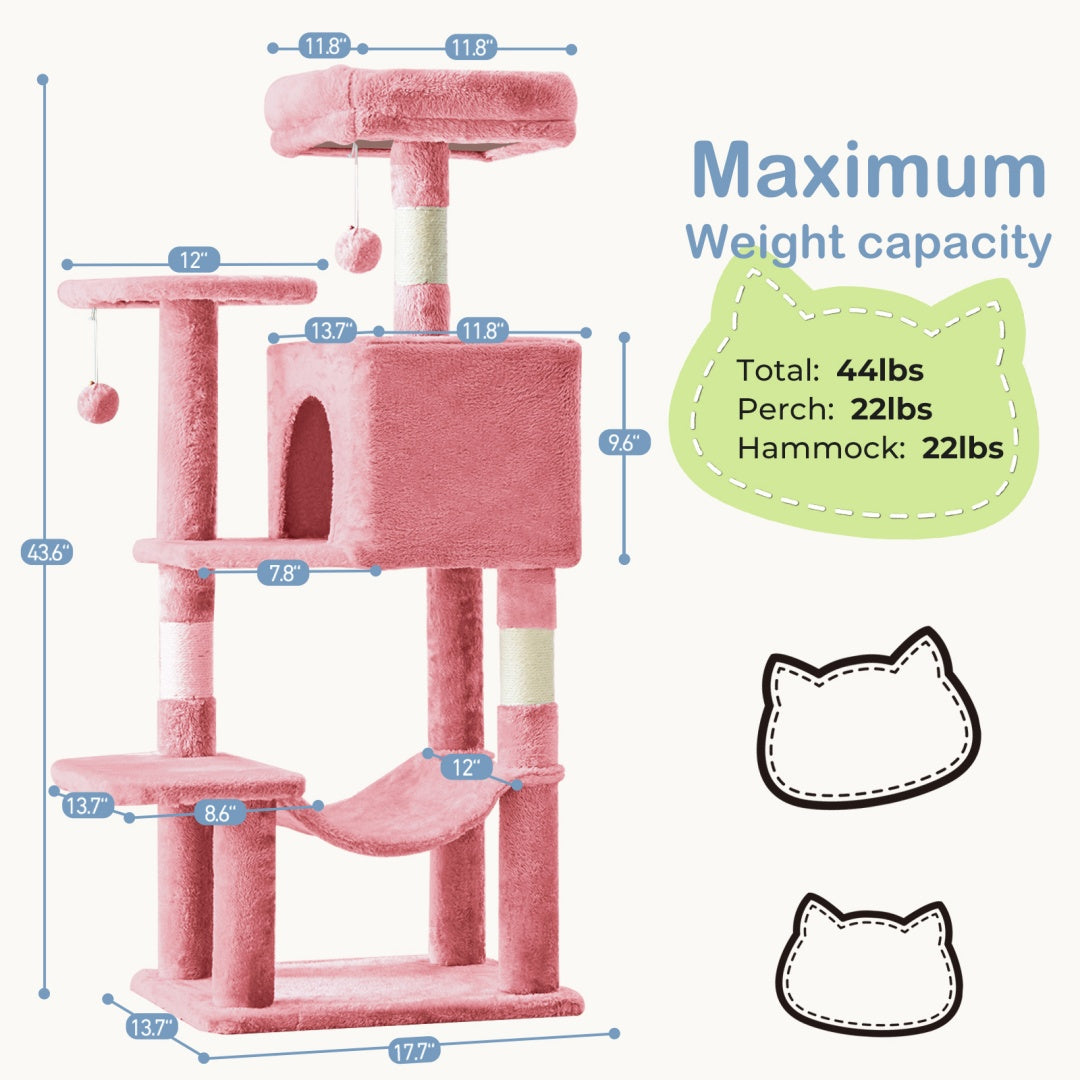 US Local 44 Inch Cat Tree Tower, Multi-Cat Climbing Tower With, Natural Sisal Scratching Posts, Extended Platform, Hammock