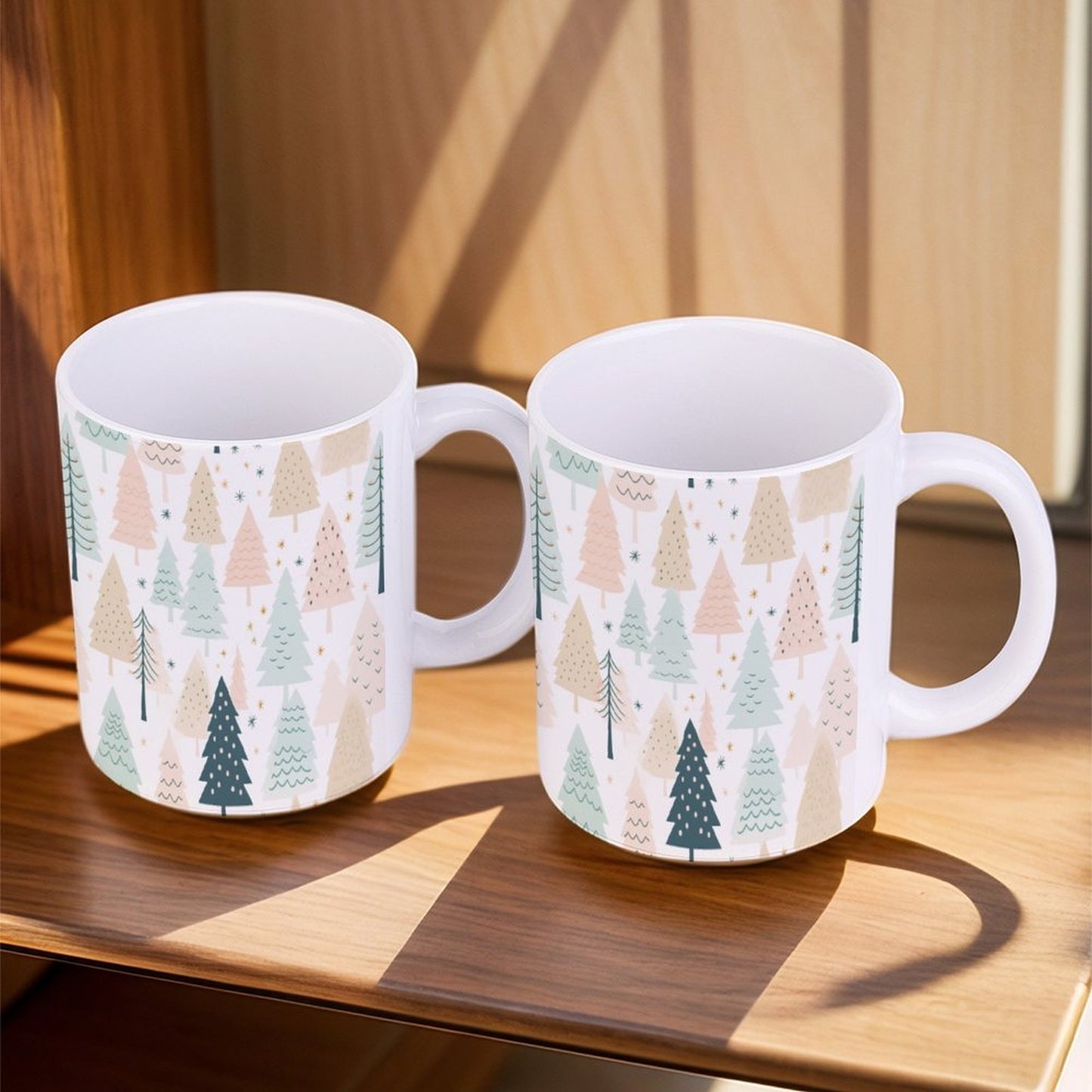 POD US Local White mug with full print, Christmas Trees, Woods, Pink 0005