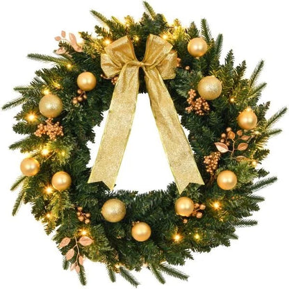 US Local 24in Pre-lit Battery Powered Christmas Wreath With Remote, Lighted Artificial Xmas Wreath With 50 Warm Lights And 120 PVC Tips And Ornaments, For Front Door Gate Wall Xmas Party Decorations S001