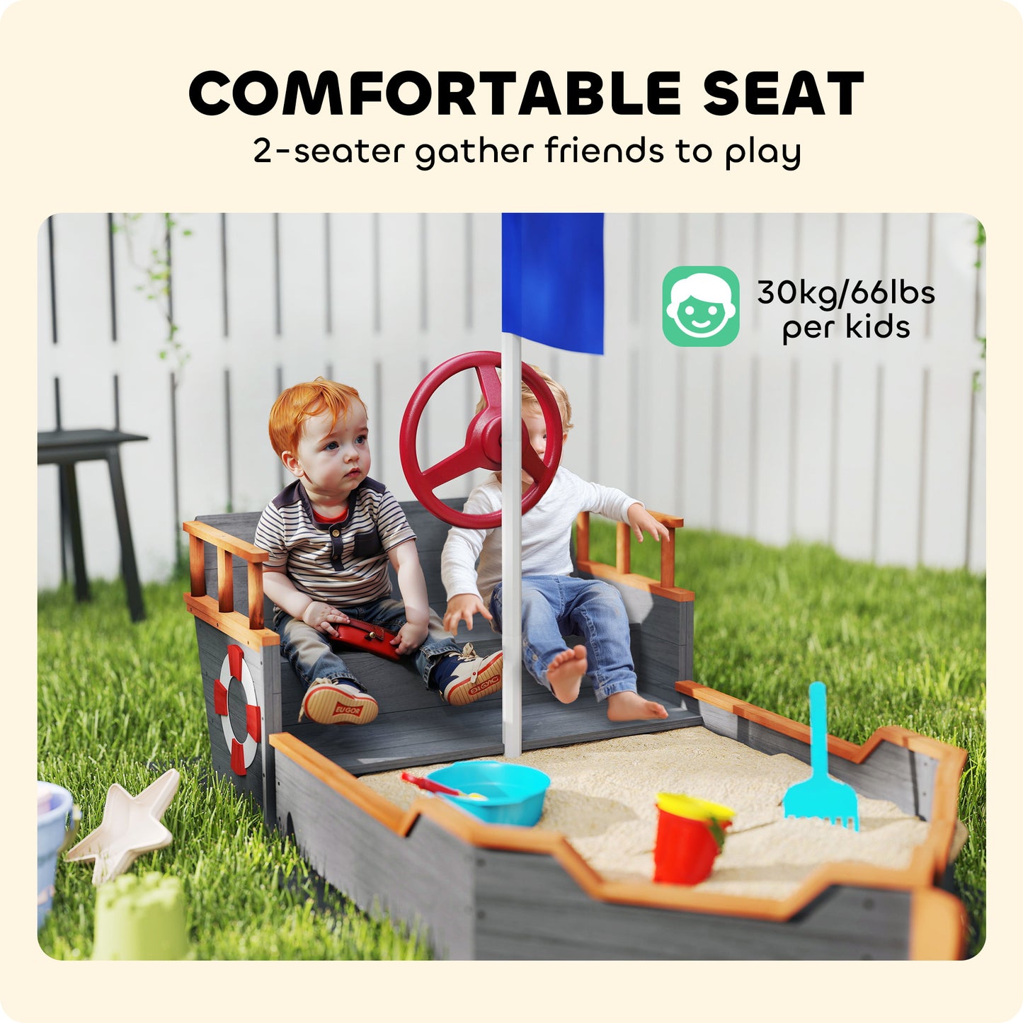 US Local Kids Wooden Sandbox Pirate Ship Sandboat W Bench Seat Storage Space Ceder Wood, Gray