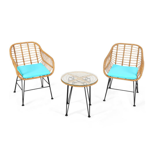 US Local 3 Pieces Rattan Furniture Set With Cushioned Chair Table