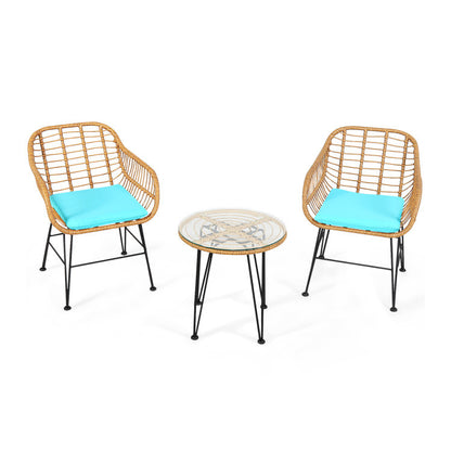 US Local 3 Pieces Rattan Furniture Set With Cushioned Chair Table