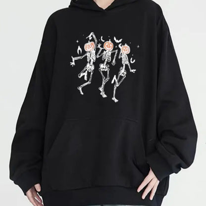 Women's Halloween Dancing Skeleton Graphic Print Hoodie - Casual Pullover With Long Sleeves, Hooded Neck, And Pocket Detail - Versatile Fashion For All Seasons