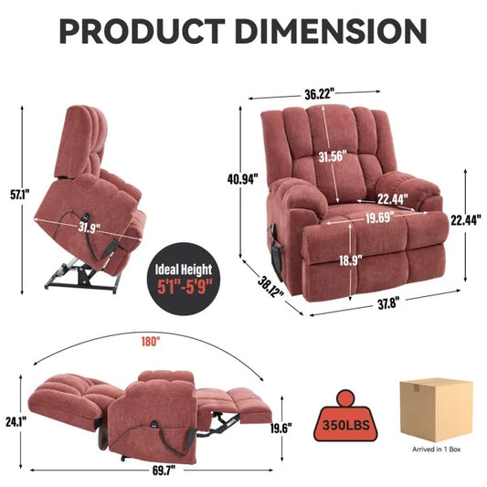 US Local Dual Motor Heat Massage Infinite Position Up To 350 LBS Electric Power Lift Recliners With Power-Remote, Medium-firm And Heavy Duty, Red