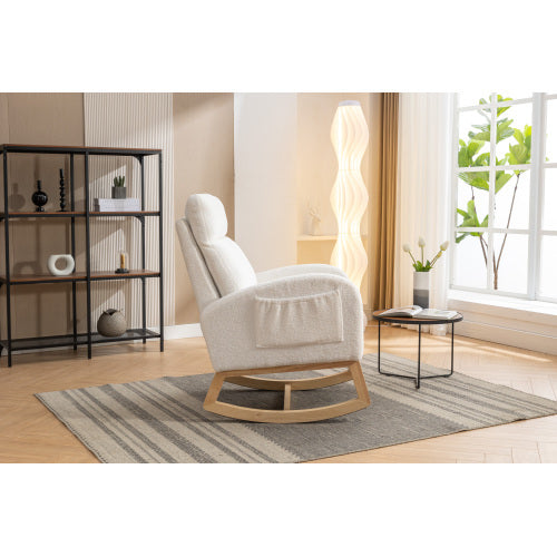 UK Local Mid Century Modern Teddy Fabric Upholstered Rocking Chair Padded Seat For Living Room Bedroom, Beige