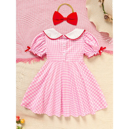 US Local Sweet Baby Toddler Girl's Short Sleeve Letter Heart Print Doll Collar Dress With Matching Headband