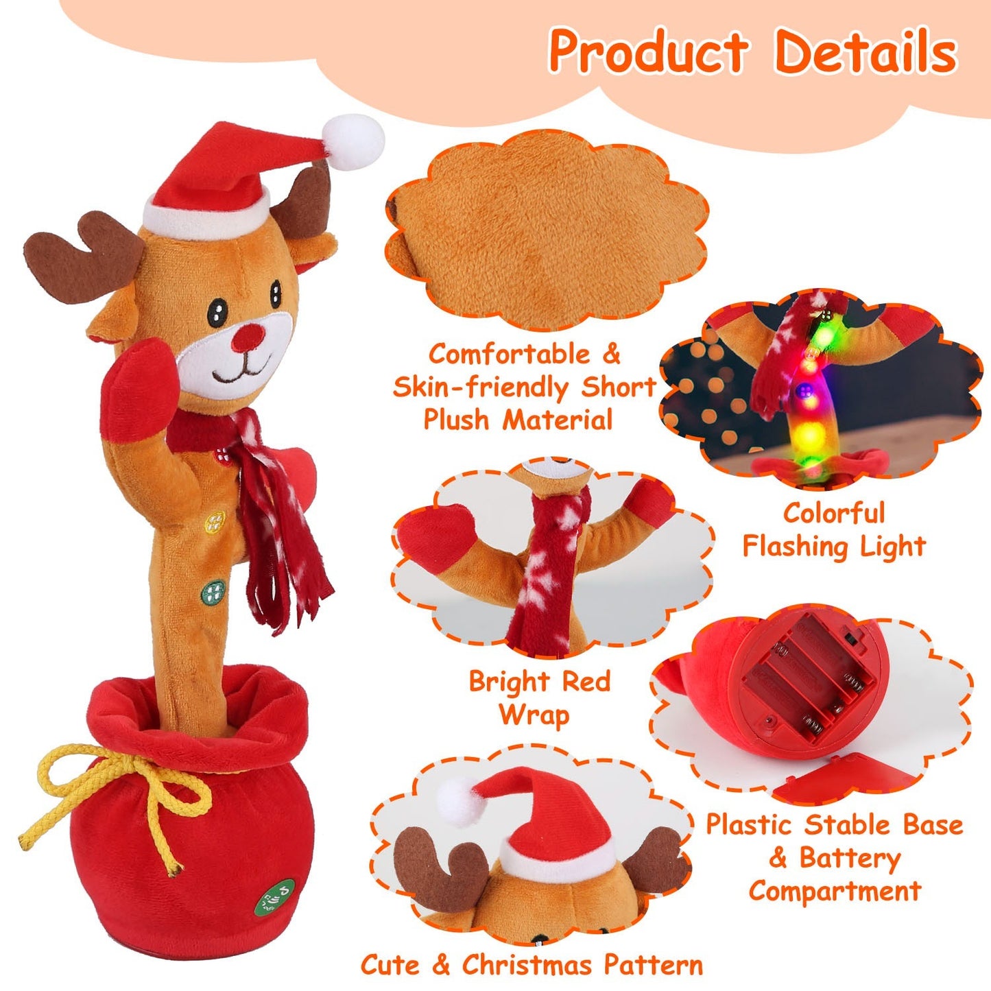 US Local 1Pc Penguin Or Elk Kid Electric Dance Toy Christmas Elk Snowman Senior Penguin Plush Toy Interactive Sing Song Whirling Mimicking Recording Light Up Toy