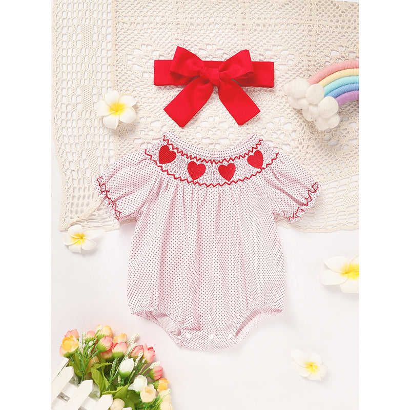 US Local Newborn Baby Girls' Valentine's Day Smocked Romper Short Sleeve Heart Embroidery Jumpsuit Casual Cute Romper