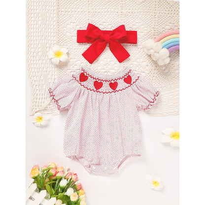US Local Newborn Baby Girls' Valentine's Day Smocked Romper Short Sleeve Heart Embroidery Jumpsuit Casual Cute Romper