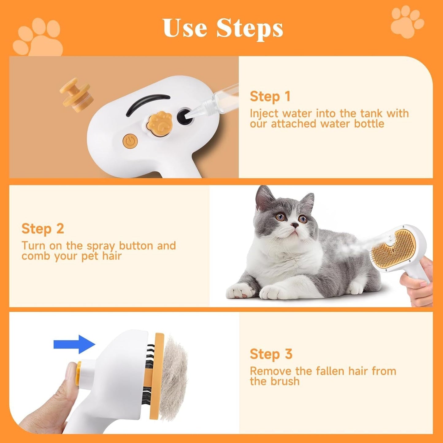 US Local Universal Pet Steam Brush For Cats And Dogs 3-in-1 Spray Hair Removal Comb With Waterless Shampoo And Ear Towel