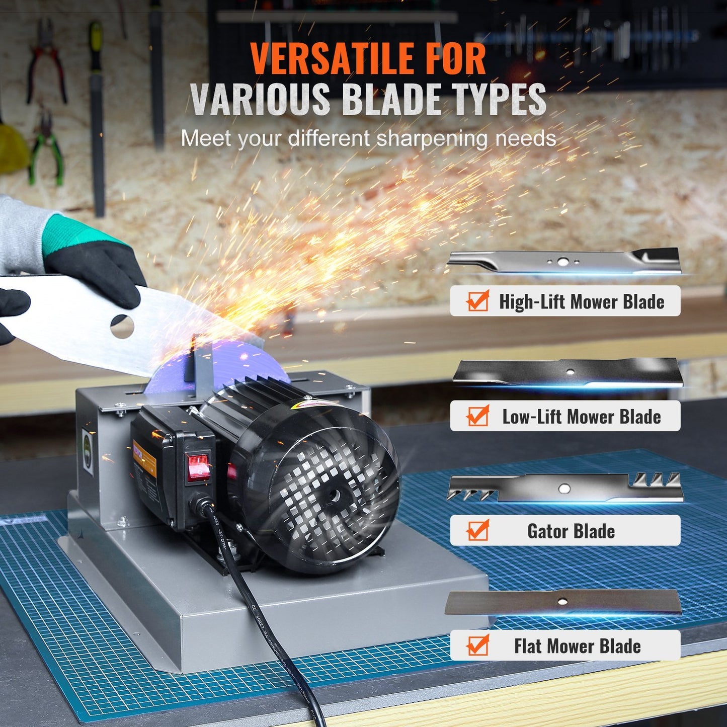 US Local VEVOR Lawn Mower Blade Sharpener, 500W Lawnmower Blade Grinder With 7-inch Ceramic Grinding Wheel, Powerful Bench Mower Sharpening Machine For High Low Lift Blades, Gator Blades, Flat Blades